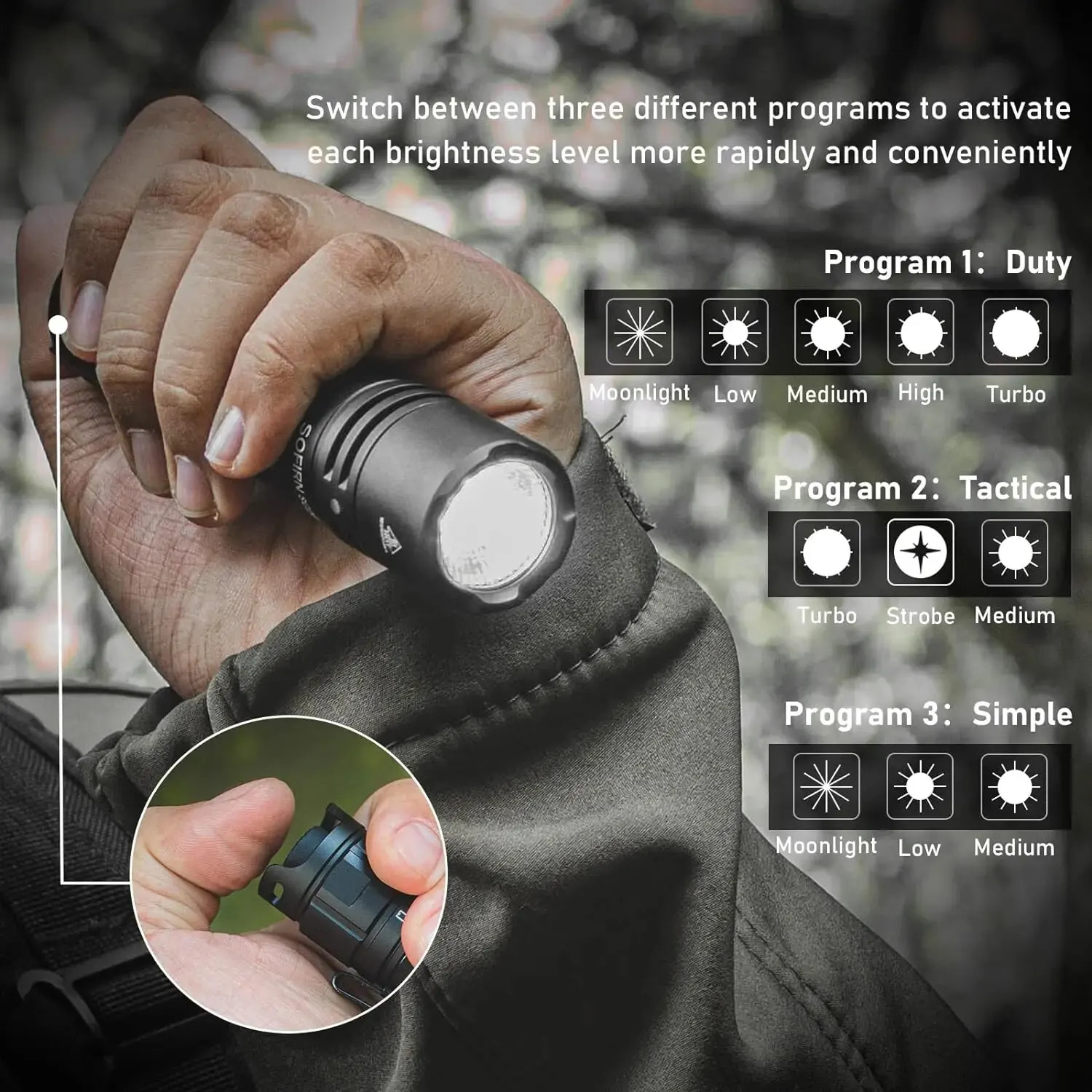 Hand holding a flashlight with brightness level programs displayed on screen