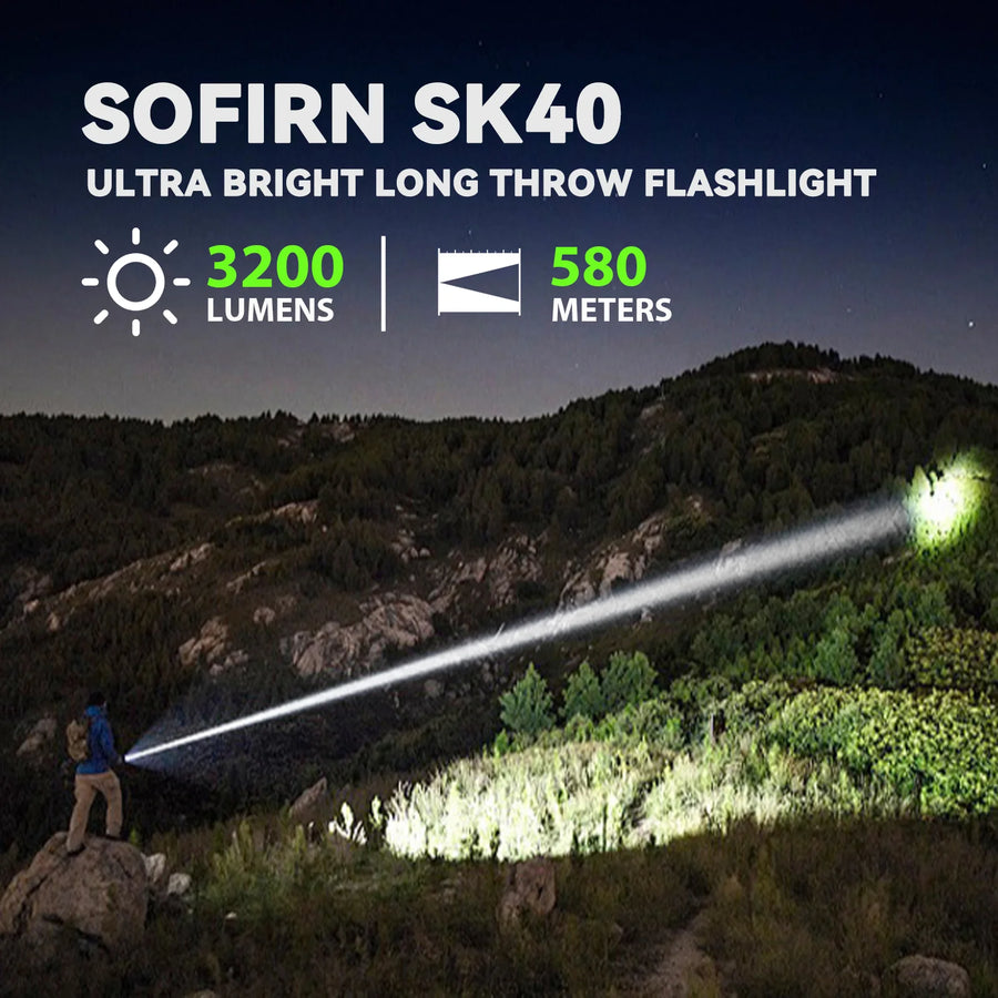 SOFIRN SK40 flashlight being used in a dark landscape with text highlighting its features.