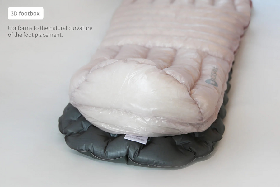 Close-up of a sleeping bag with a 3D footbox design on a white background.