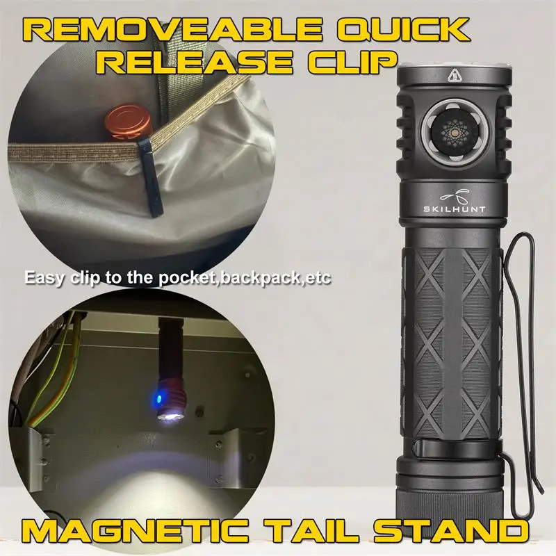 Black flashlight with removable quick release clip and magnetic tail stand features on a gray background.