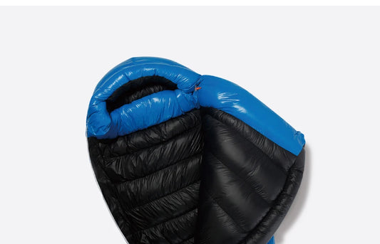 Black sleeping bag with blue interior on a white background