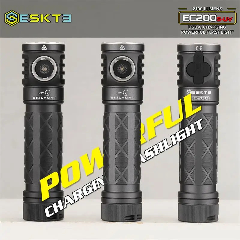 Three black flashlights with branding and product details on a gray background