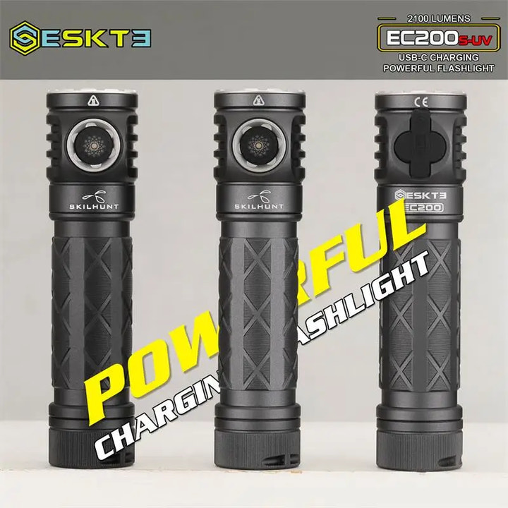 Three black flashlights with branding and product details on a gray background