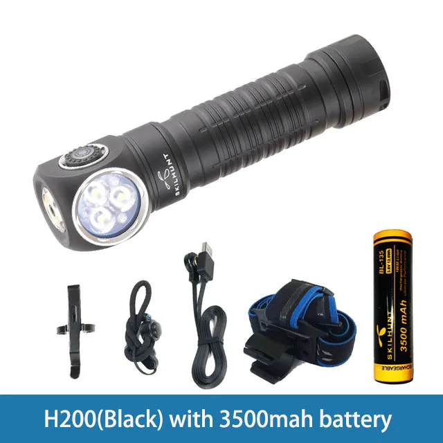 Black flashlight with accessories on a white background