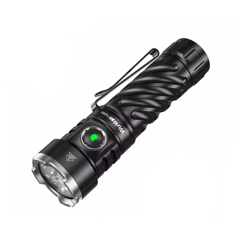 Black flashlight with a green button on a white background