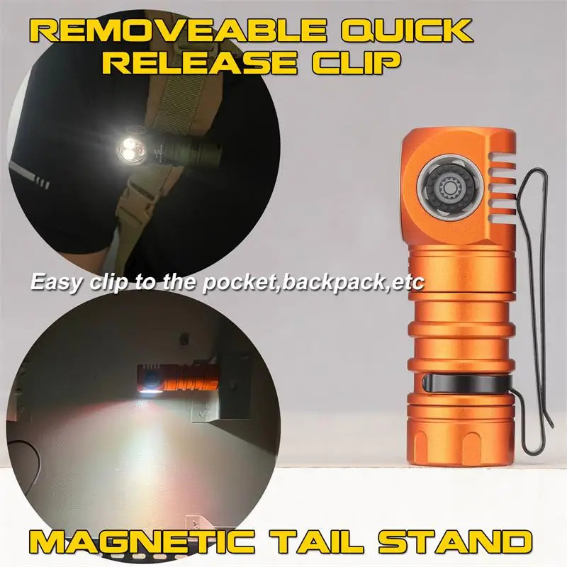 Orange flashlight with removeable quick release clip and magnetic tail stand features on a white background.