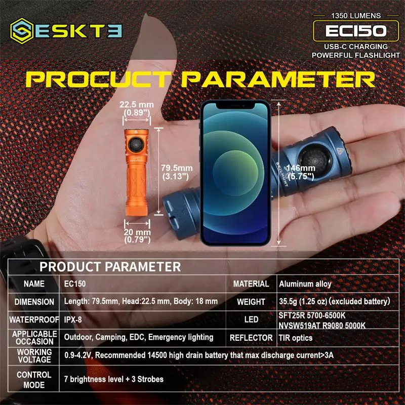 Flashlight with smartphone for size comparison, featuring ESKT3 branding and product parameters.