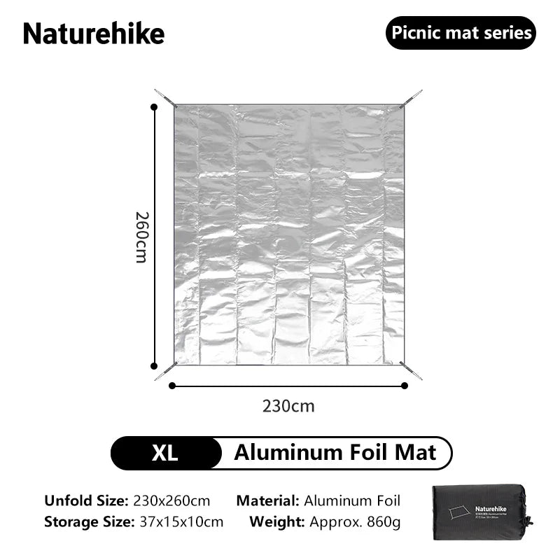 Naturehike aluminum foil mat with dimensions and material details on a white background