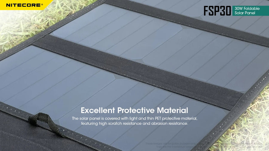 Nitecore FSP30 solar panel on grass with text about protective material