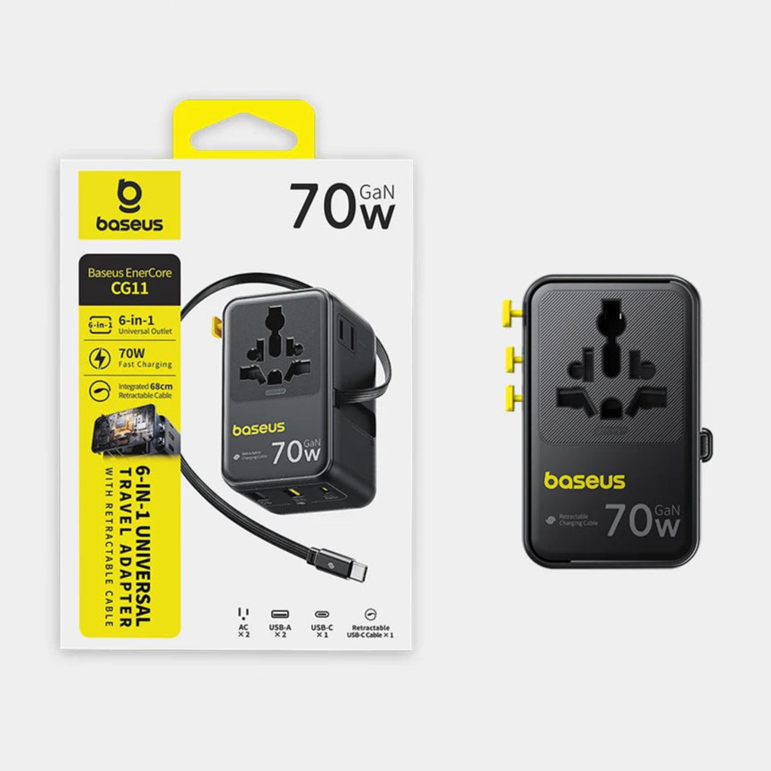 a baseus 70w power adapter with packaging, on a white background