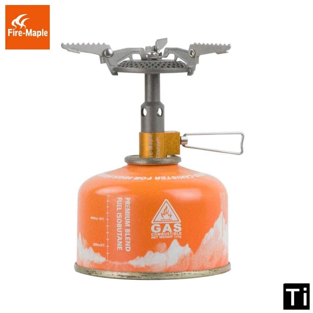 Portable gas stove with orange fuel canister on a white background, featuring Fire-Maple branding.