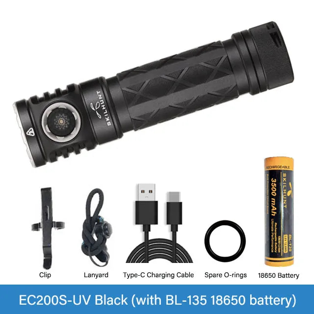 Black flashlight with accessories on a white background