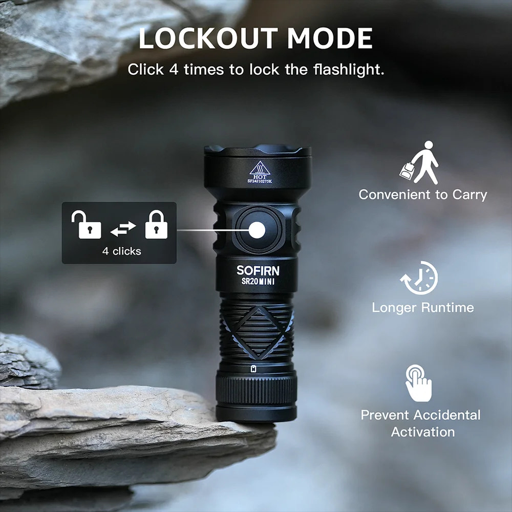 Black flashlight on a rock with lockout mode instructions and features listed.