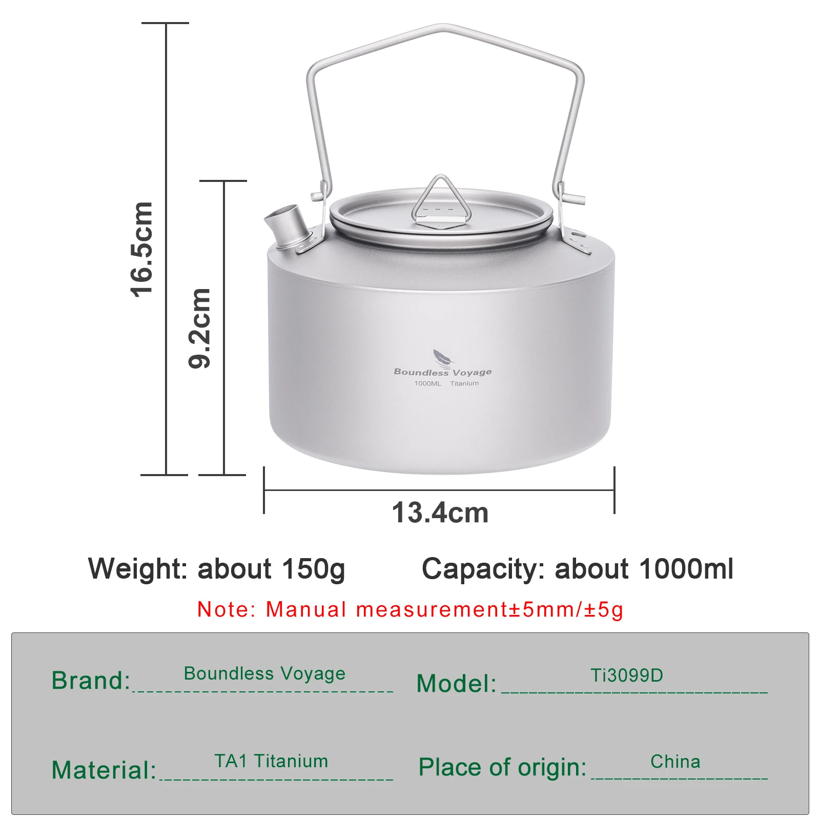 Gray titanium kettle with dimensions and specifications on a white background