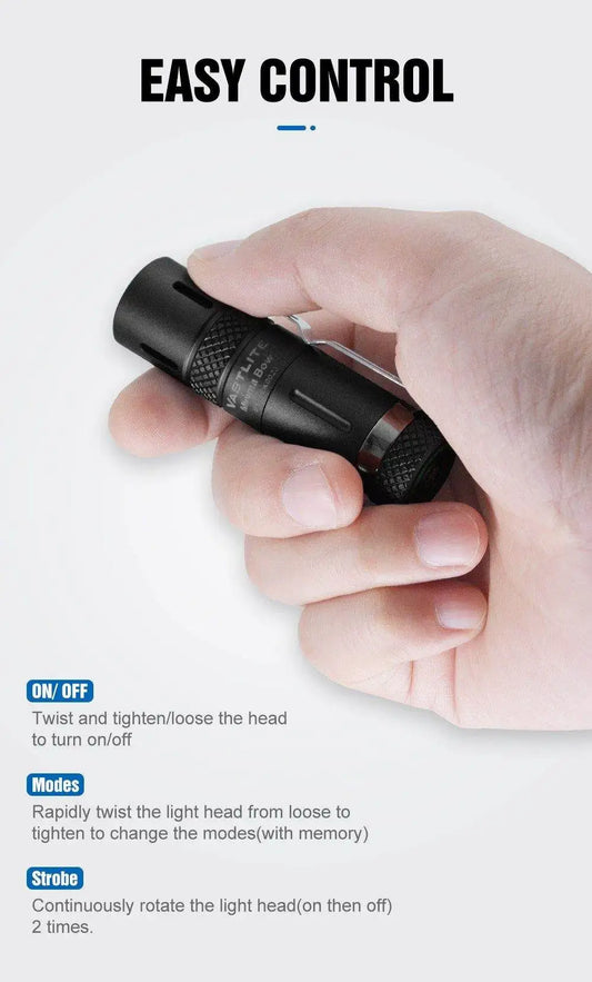 Hand holding a black flashlight with control instructions on a white background