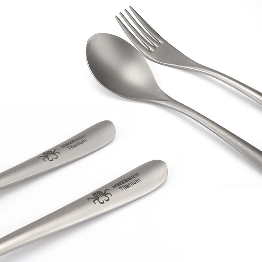 titanium cutlery set with branding on a white background