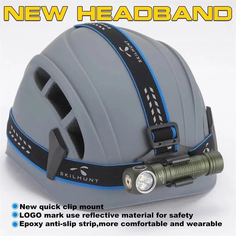 Gray helmet with a headlamp and black headband on a white background