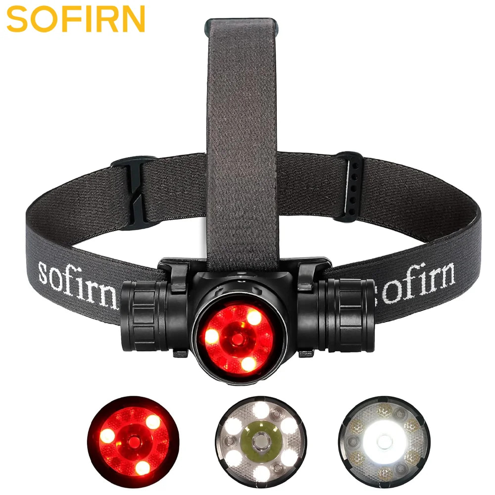 SOFIRN headlight with red light on a white background