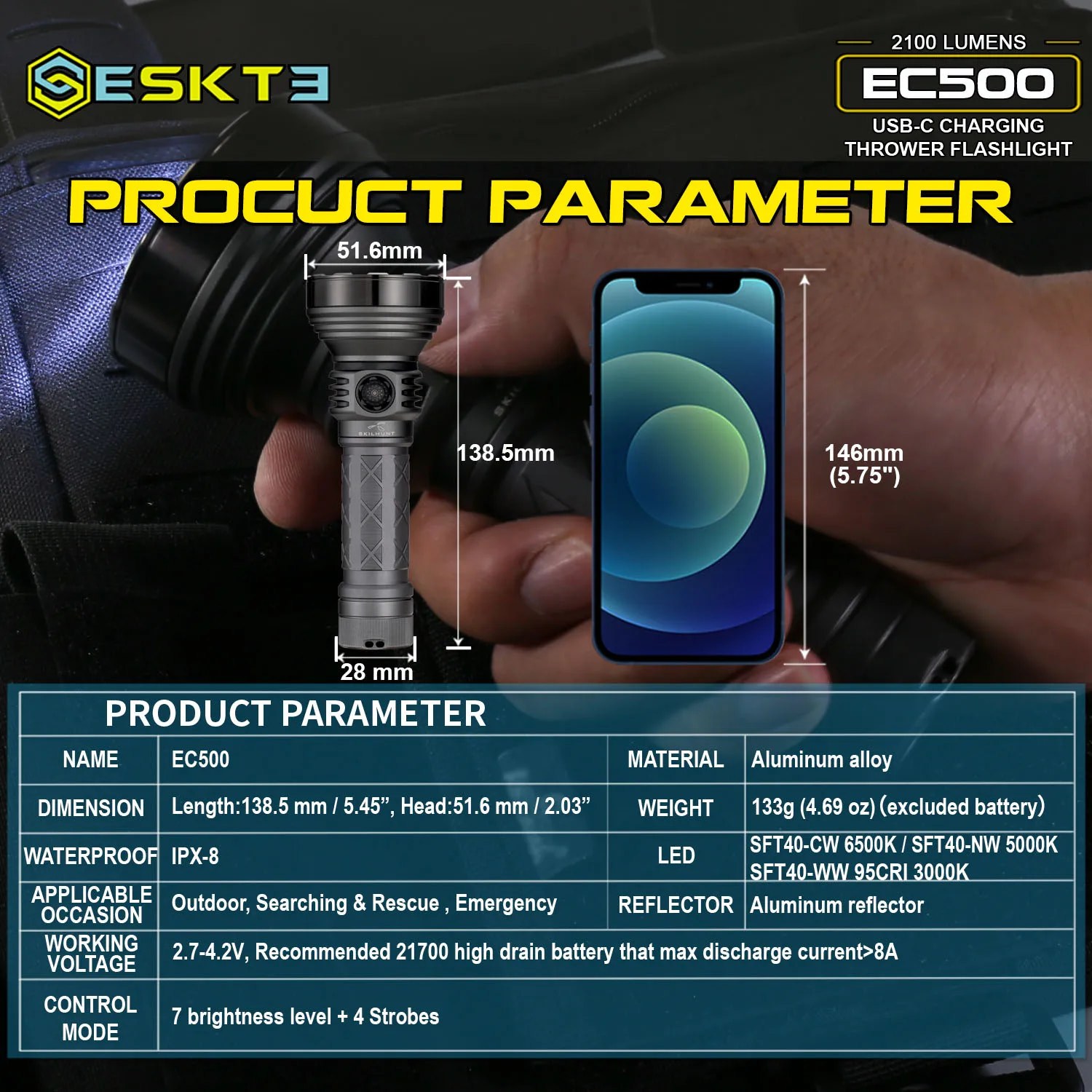 ESKT3 EC500 USB-C charging thrower flashlight with product parameters displayed.