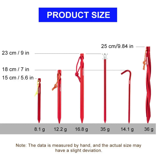 Measurement chart showing the size and weight of red tent stakes with labels and measurements.