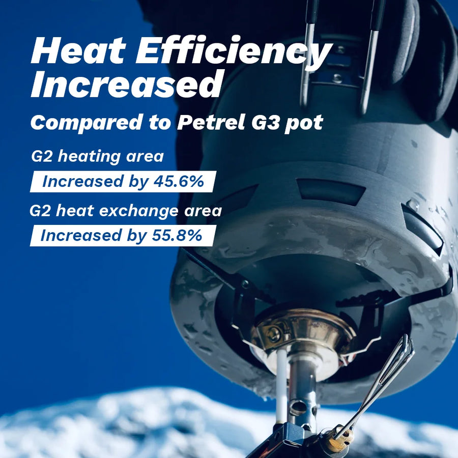 Close-up of a heating element with text highlighting increased heat efficiency compared to Petrel G3 pot.