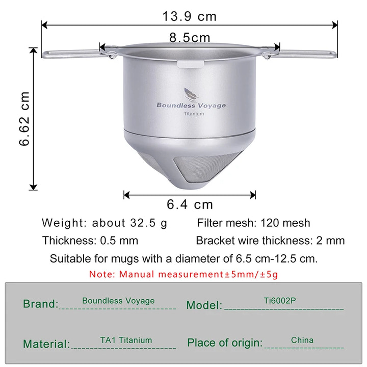 Measurement chart of a Titanium coffee filter with dimensions and specifications.