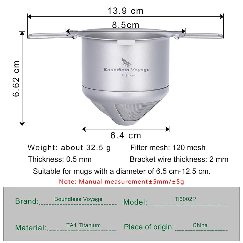 Measurement chart of a Titanium coffee filter with dimensions and specifications.
