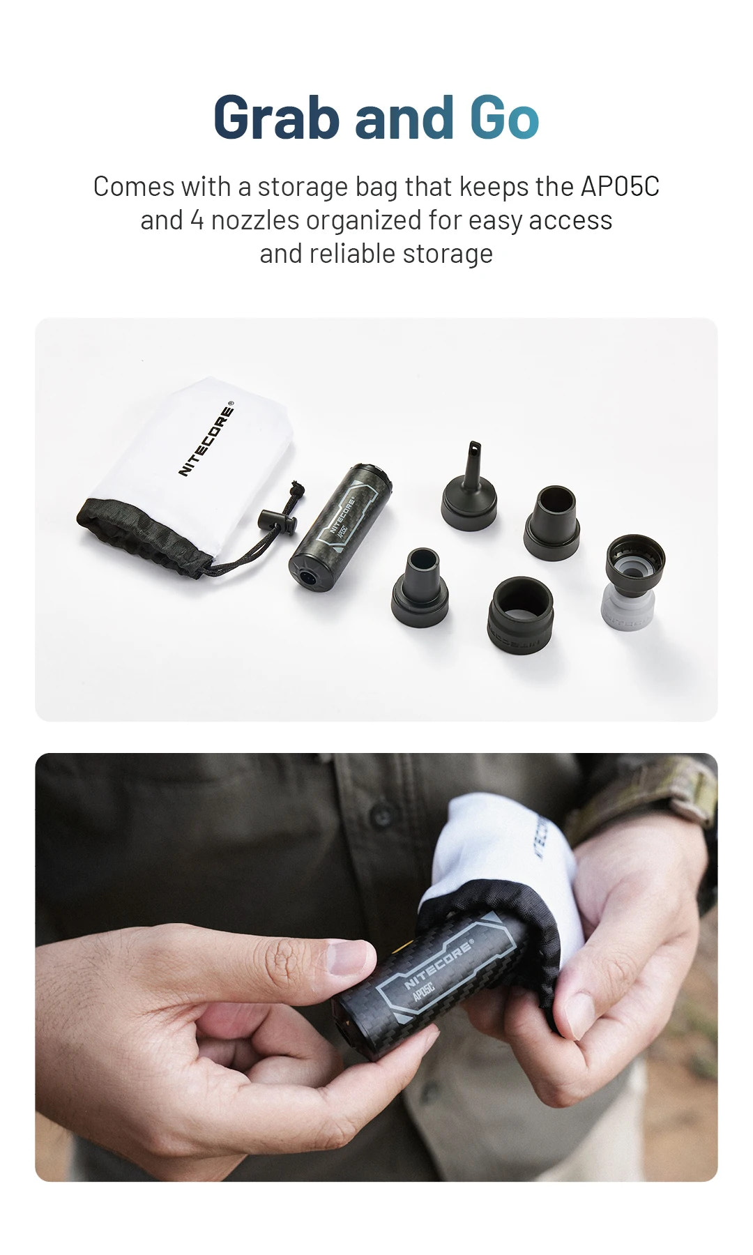 Storage bag with AP05C and nozzles, held by hands, on a light gray background.