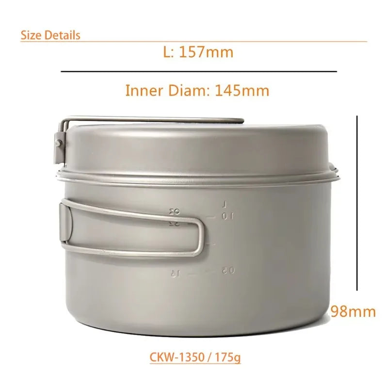 Titanium camping pot with size measurements on a white background