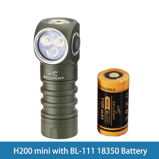 Skilhunt H200 mini flashlight with a battery on a white background