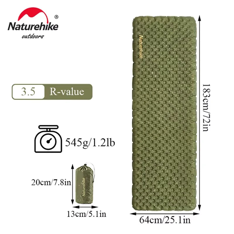 Green camping mat with Naturehike branding and specifications on a white background