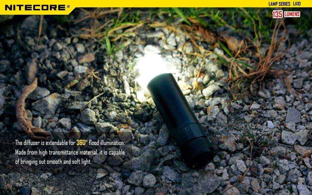 Nitecore flashlight on a ground surface with text about its features.