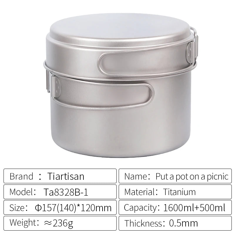 Titanium pot with lid on a white background, featuring brand and product details.