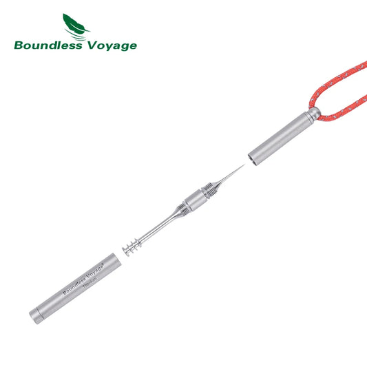Metal tool with red cord on a white background, branded 'Boundless Voyage'.