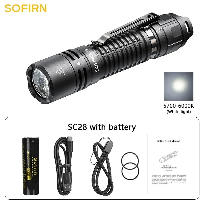 SOFIRN SC28 flashlight with battery, cable, lanyard, and manual on a white background