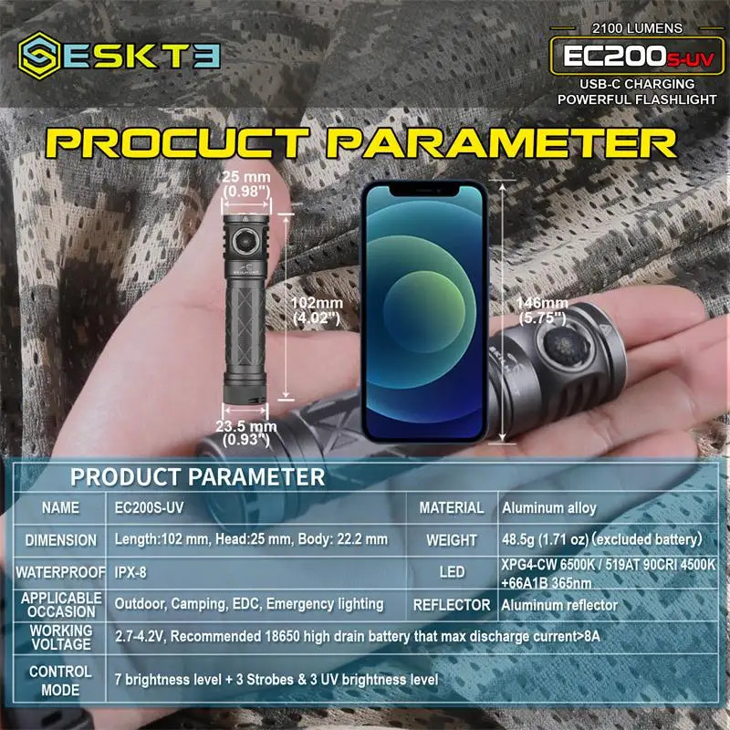 Flashlight held in hand with smartphone for scale, product parameter details displayed.