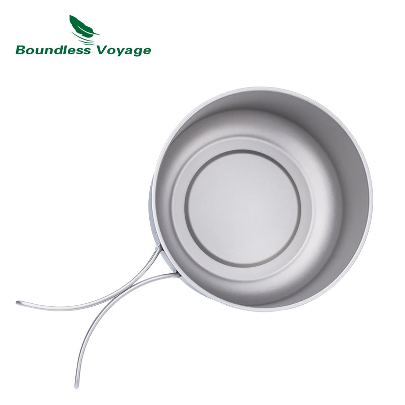 Lightweight camping pot with carrying handles on a white background, featuring the Boundless Voyage brand.