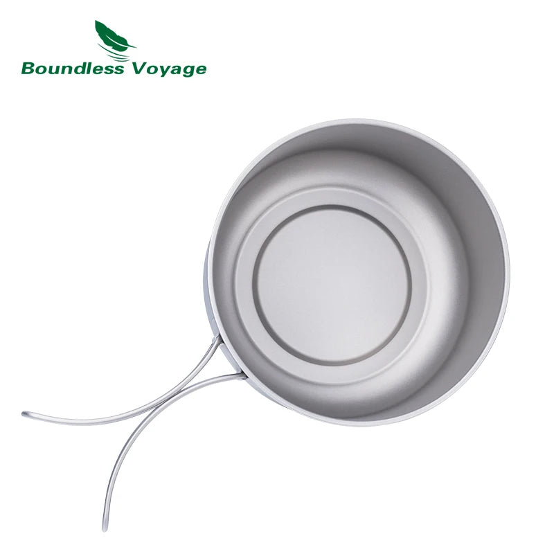 Lightweight camping pot with carrying handles on a white background, featuring the Boundless Voyage brand.