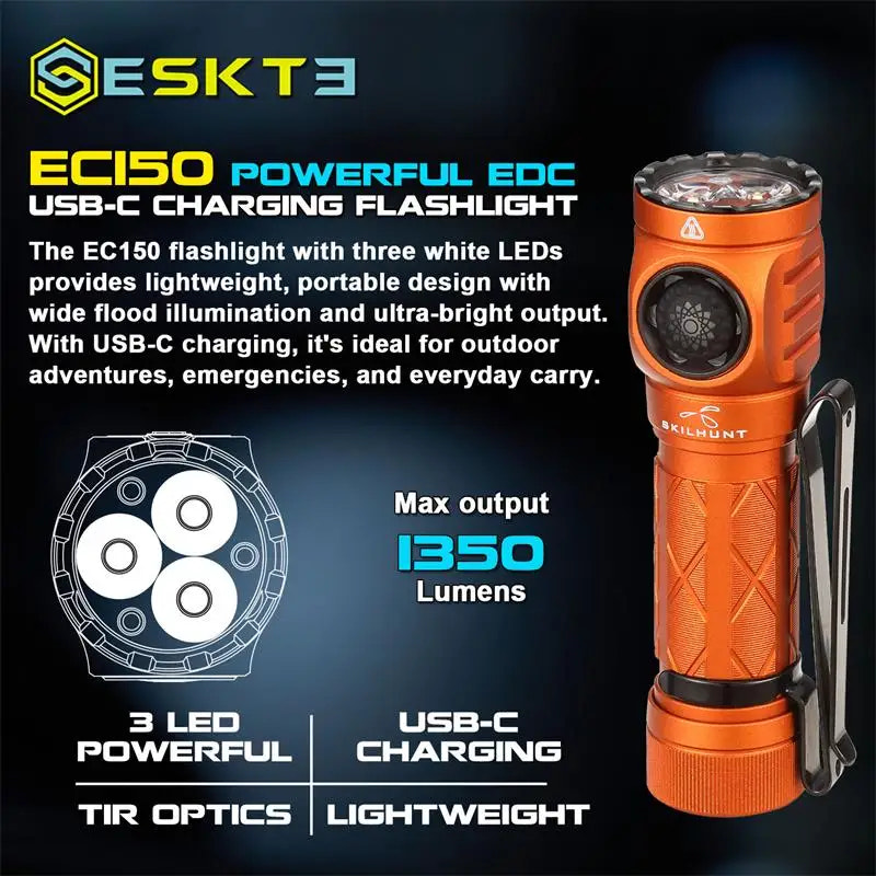 Orange flashlight with text about its features on a dark background