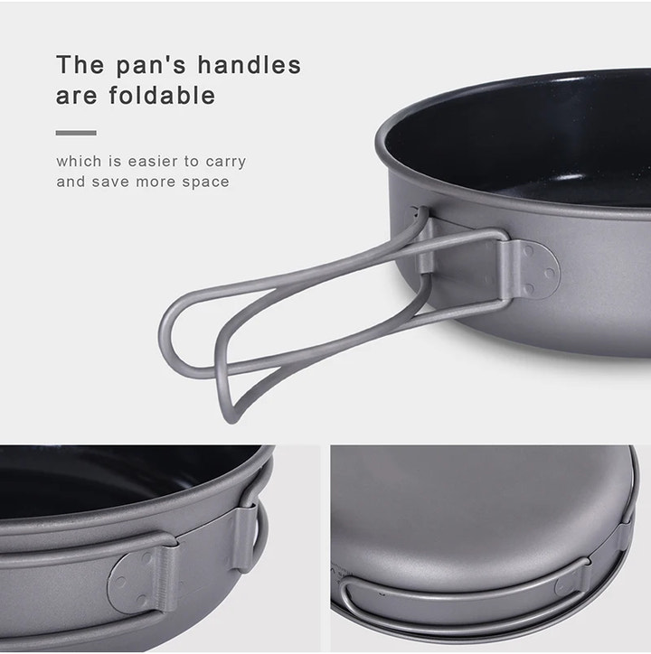 Foldable handle on a camping pot with text explaining its benefits