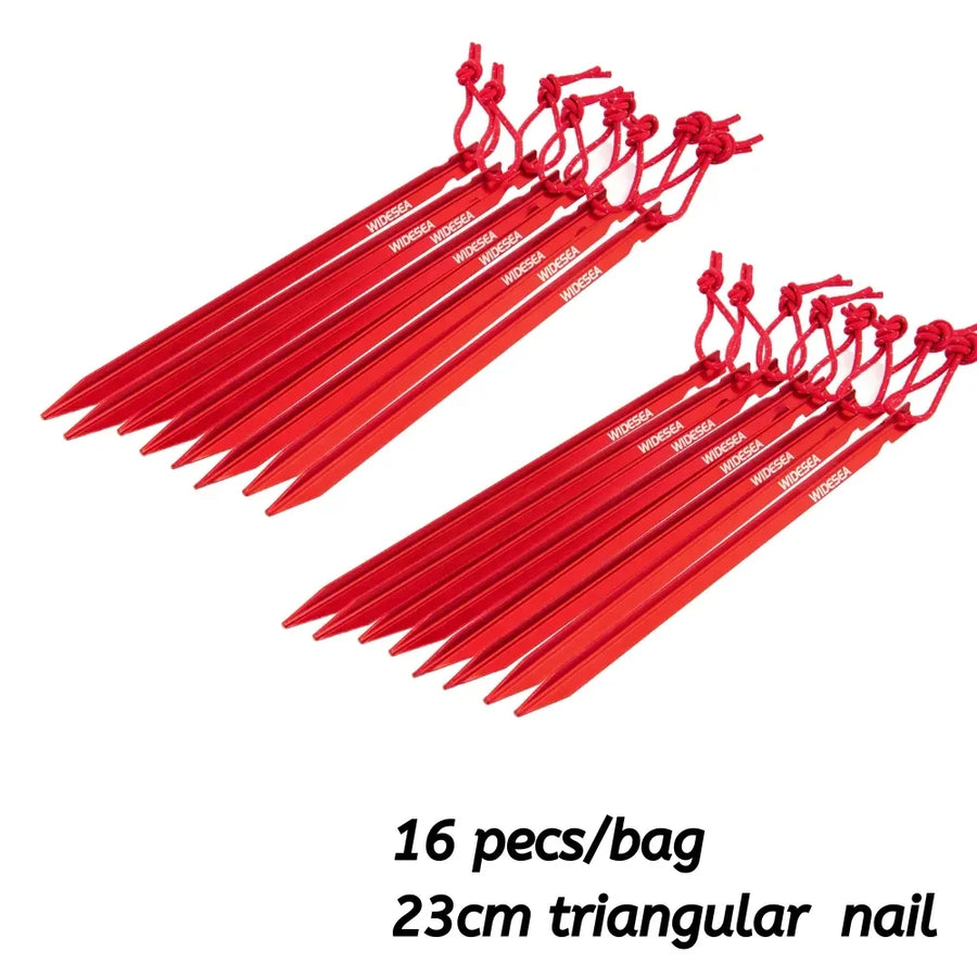Red triangular tent pegs with branding on a white background, labeled as 16 pieces per bag and 23cm long.