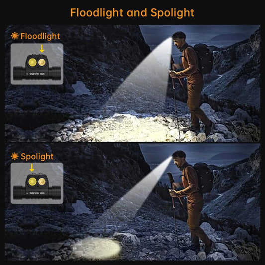Person hiking on a mountain with a flashlight showing floodlight and spotlight modes.