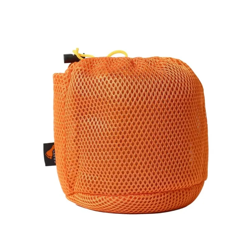 Orange mesh bag with a brand tag on a white background