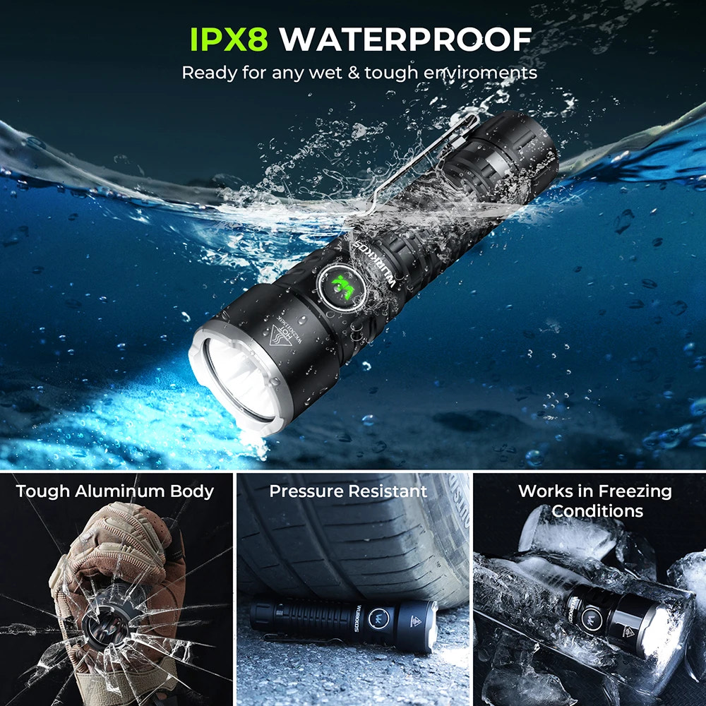 Waterproof flashlight being submerged in water with features highlighted.