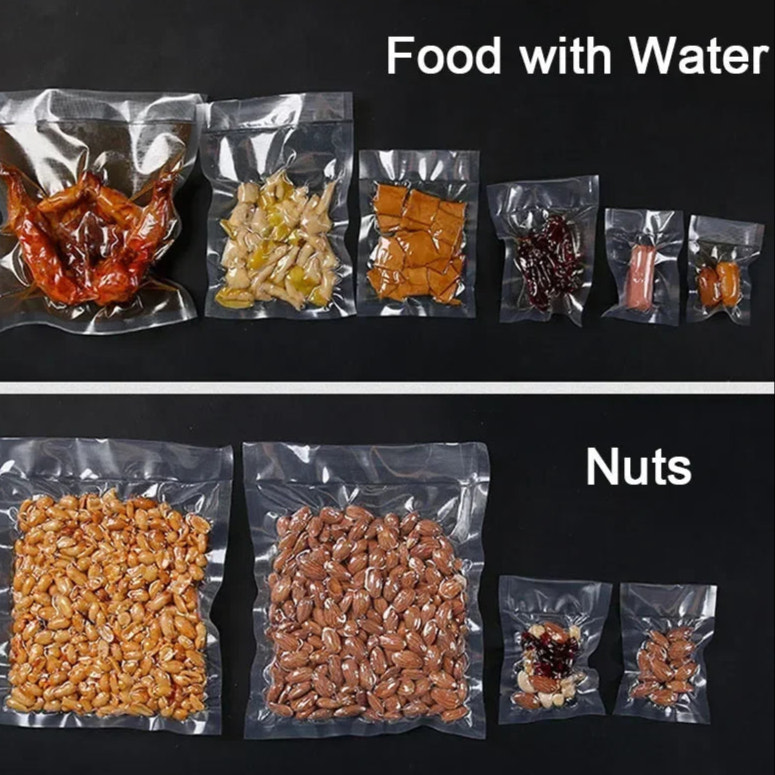 Comparison of food with water and nuts in clear packaging on a black background