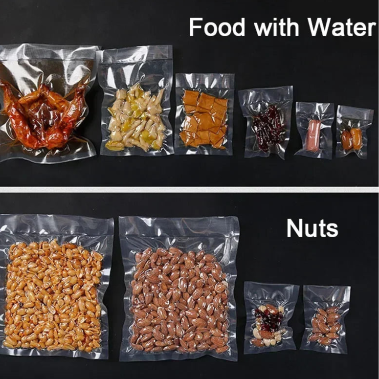 Comparison of food with water and nuts in clear packaging on a black background