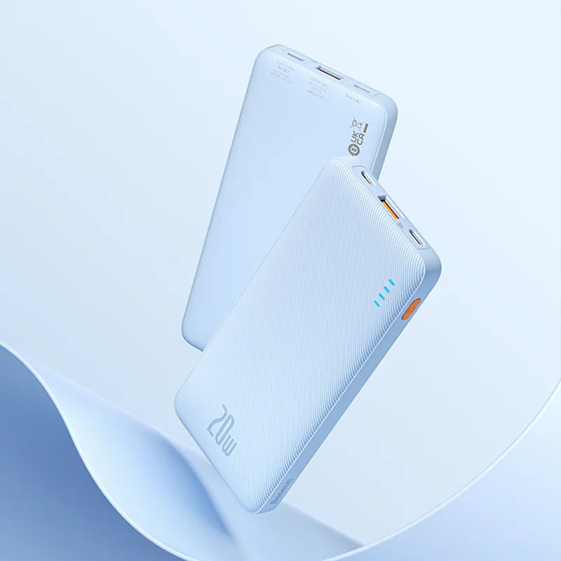 Two white power banks on a light blue gradient background