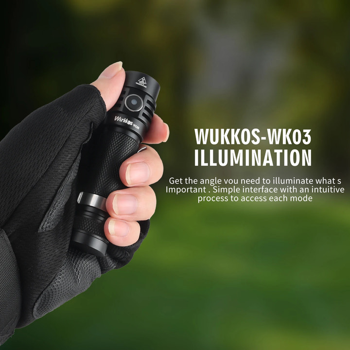 Hand holding a flashlight with text about WUKKOS WK03 illumination on a blurred green background