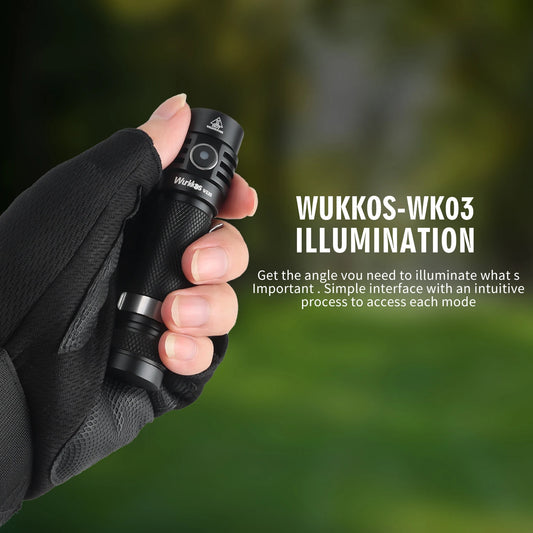Hand holding a flashlight with text about WUKKOS WK03 illumination on a blurred green background