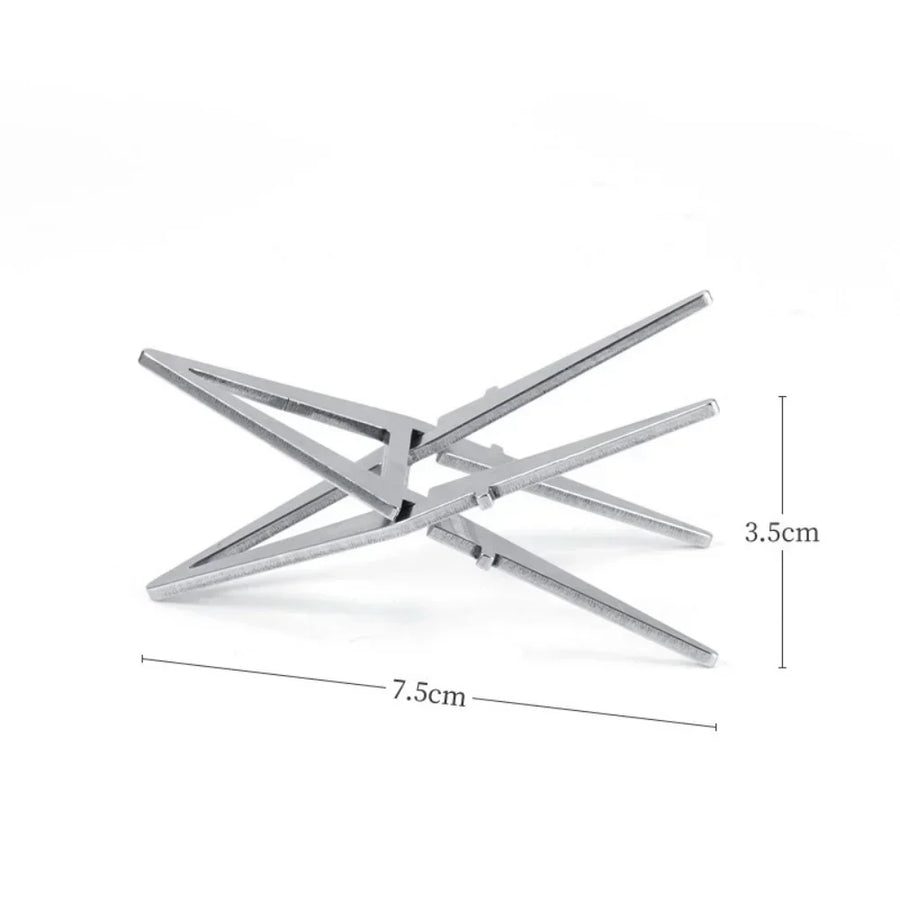 Metallic folding stand with dimensions labeled on a white background